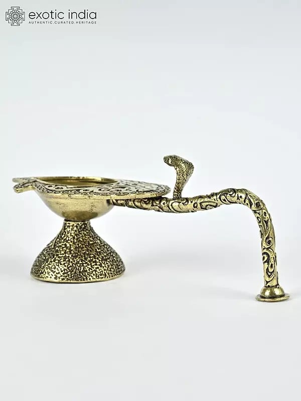Exotic India 4" Small Superfine Handheld Arti Diya In Brass With Snake 
