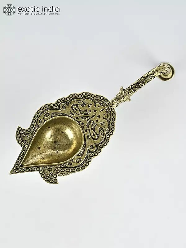 Exotic India 4" Small Superfine Handheld Arti Diya In Brass With Snake 