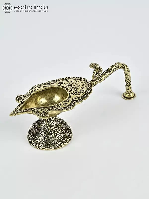 exotic india 4" Small Superfine Handheld Arti Diya in Brass with Snake 