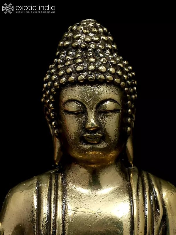 Exotic India 4" Small Superfine Lord Buddha Seated On Lotus In Abhaya Mudra | Brass Statue 