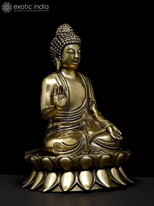 Exotic India 4" Small Superfine Lord Buddha Seated On Lotus In Abhaya Mudra | Brass Statue 