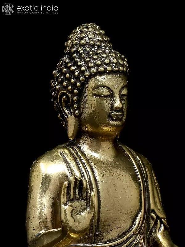 Exotic India 4" Small Superfine Lord Buddha Seated On Lotus In Abhaya Mudra | Brass Statue 