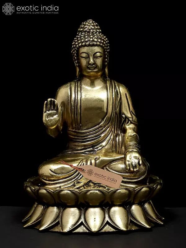 exotic india 4" Small Superfine Lord Buddha Seated on Lotus in Abhaya Mudra | Brass Statue 