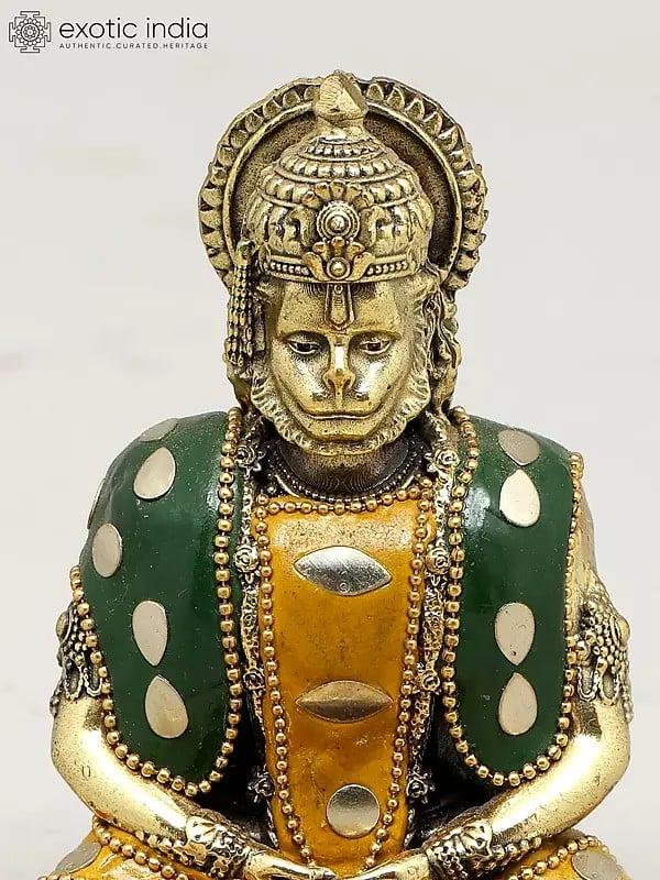 Exotic India 4" Small Superfine Shri Ram Bhakta Hanuman | Brass Statue With Inlay Work 