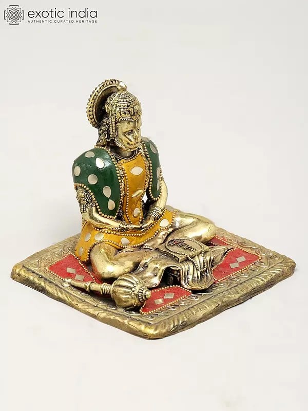 Exotic India 4" Small Superfine Shri Ram Bhakta Hanuman | Brass Statue With Inlay Work 