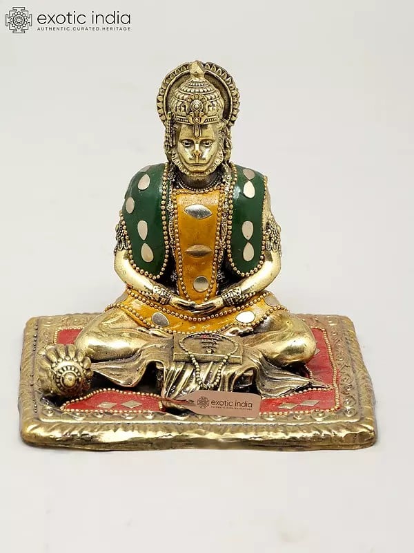 exotic india 4" Small Superfine Shri Ram Bhakta Hanuman | Brass Statue with Inlay Work 