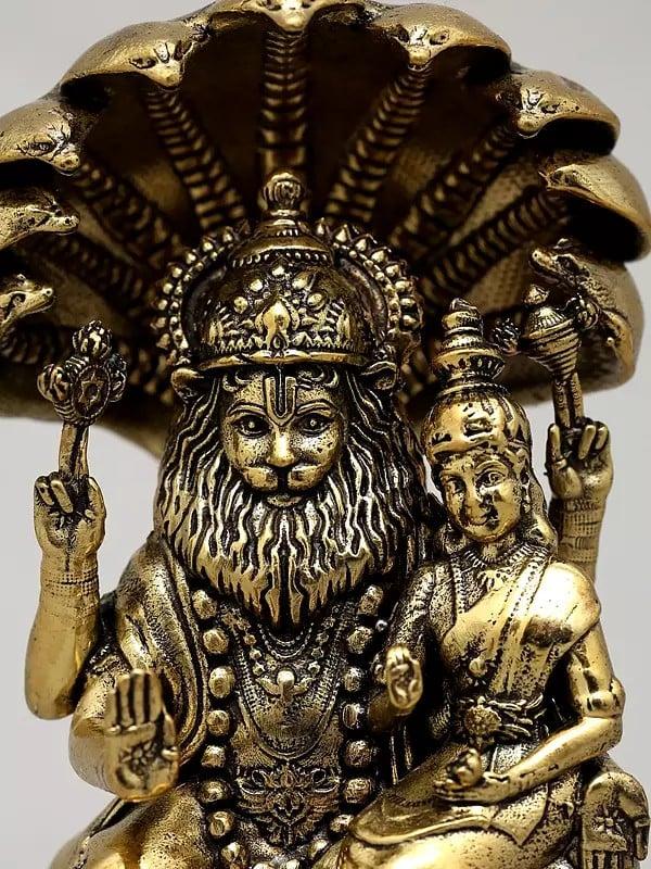 Exotic India 4" Small Superfine Sitting Lord Narasimha With Devi Laksmi | Brass Statue 