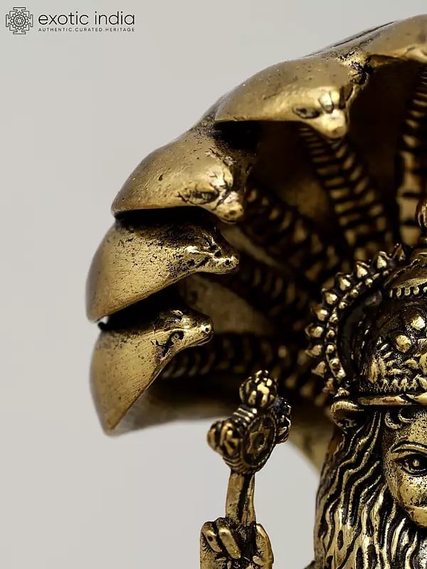 Exotic India 4" Small Superfine Sitting Lord Narasimha With Devi Laksmi | Brass Statue 