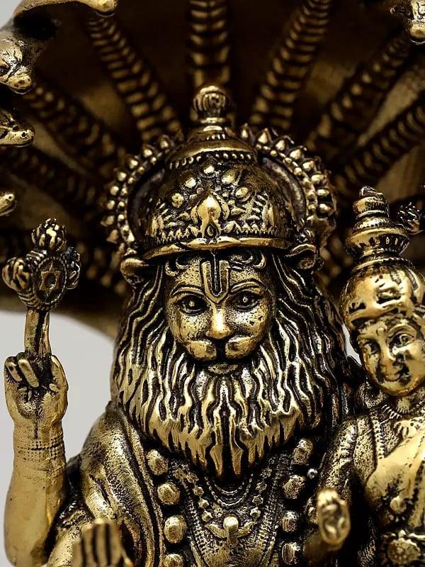 Exotic India 4" Small Superfine Sitting Lord Narasimha With Devi Laksmi | Brass Statue 