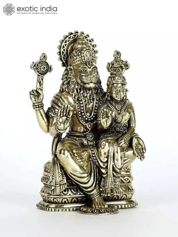 Exotic India 4" Small Superfine Sitting Lord Narasimha With Devi Lakshmi Brass Statue 