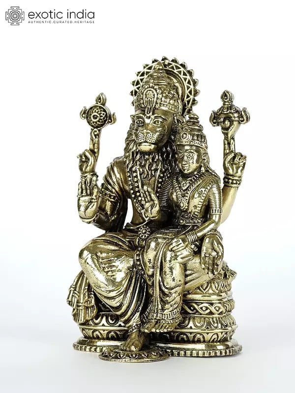 Exotic India 4" Small Superfine Sitting Lord Narasimha With Devi Lakshmi Brass Statue 
