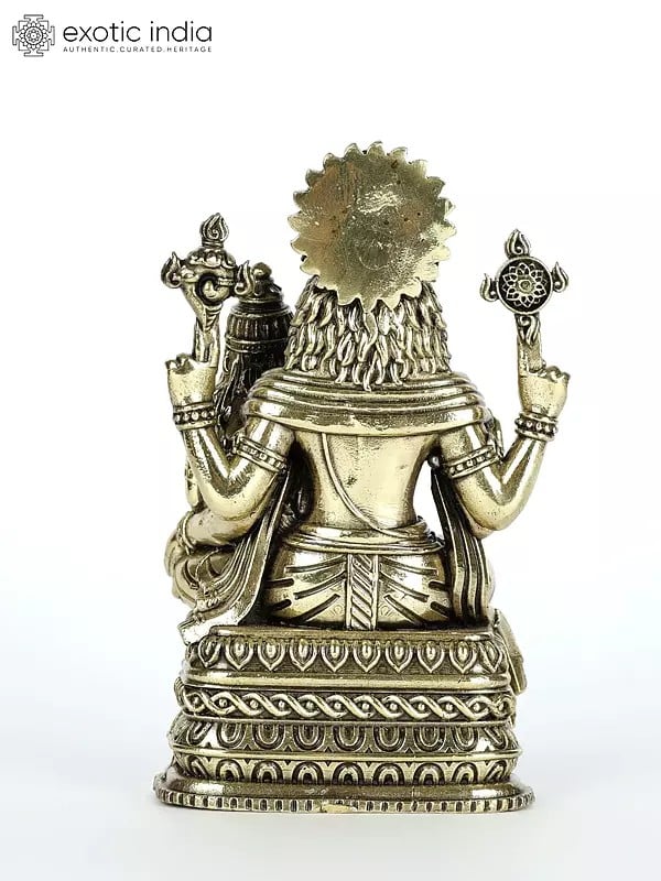 Exotic India 4" Small Superfine Sitting Lord Narasimha With Devi Lakshmi Brass Statue 