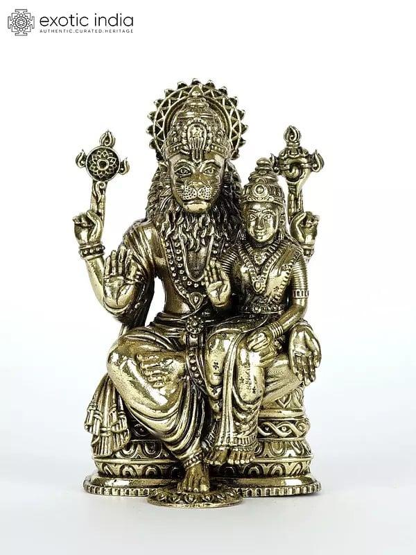 exotic india 4" Small Superfine Sitting Lord Narasimha with Devi Lakshmi Brass Statue 