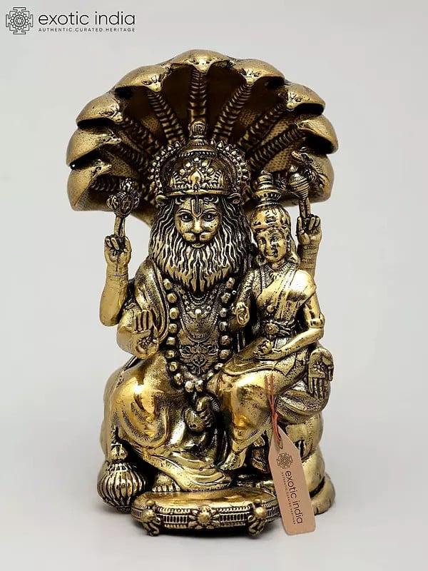 exotic india 4" Small Superfine Sitting Lord Narasimha with Devi Laksmi | Brass Statue 