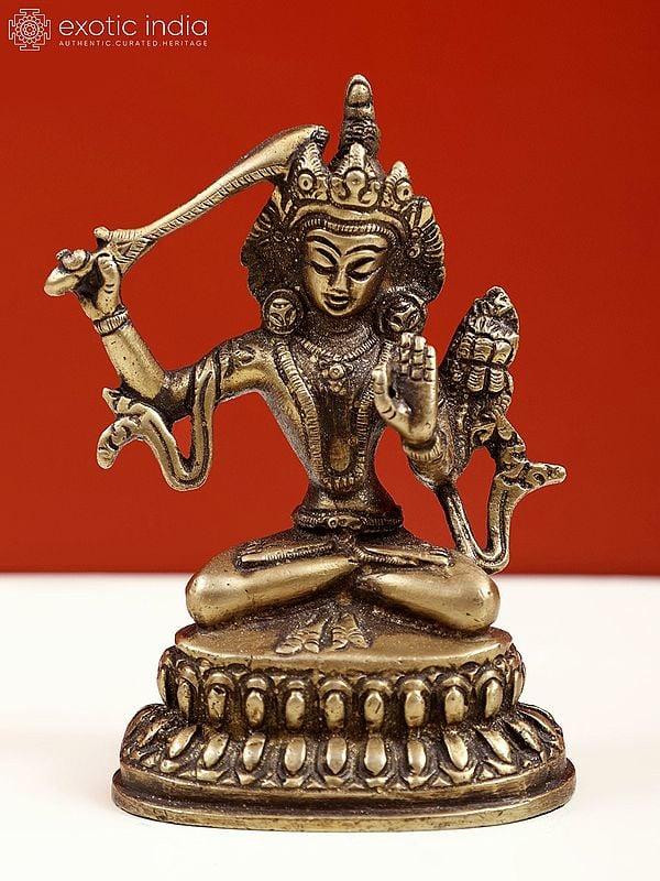 exotic india 4" Small Tibetan Buddhist Deity Manjushri Brass Statue 