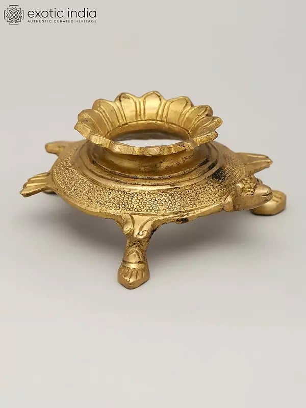 Exotic India 4" Small Tortoise Conch Stand With Lotus Carvings | Brass Item 