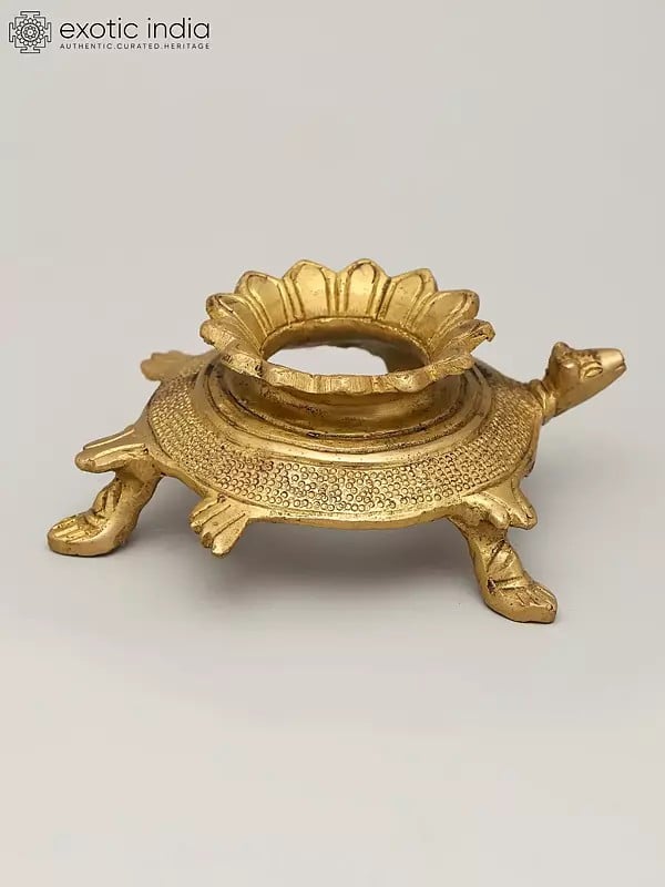 Exotic India 4" Small Tortoise Conch Stand With Lotus Carvings | Brass Item 