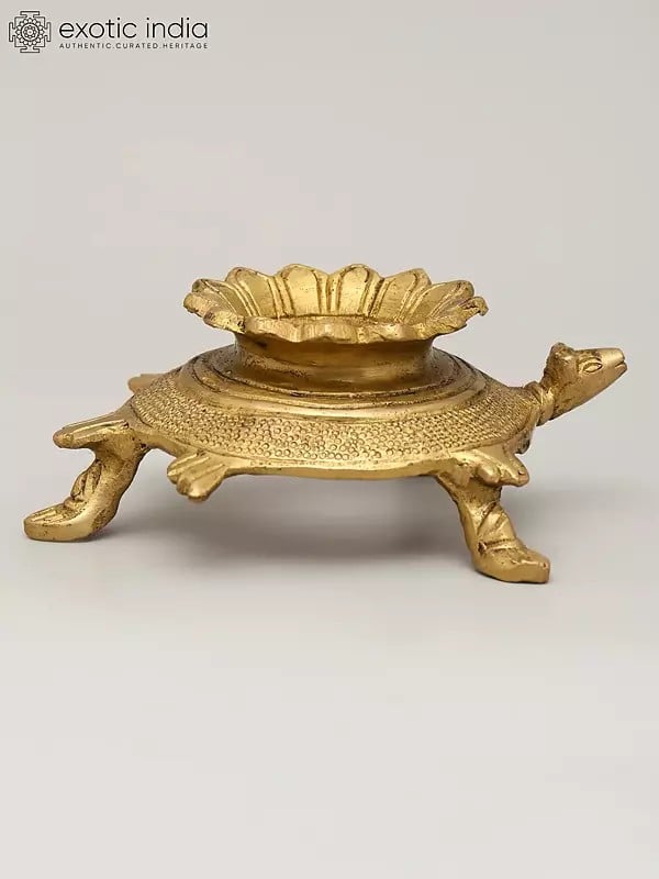 Exotic India 4" Small Tortoise Conch Stand With Lotus Carvings | Brass Item 