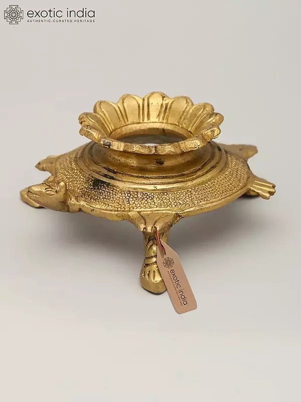exotic india 4" Small Tortoise Conch Stand with Lotus Carvings | Brass Item 
