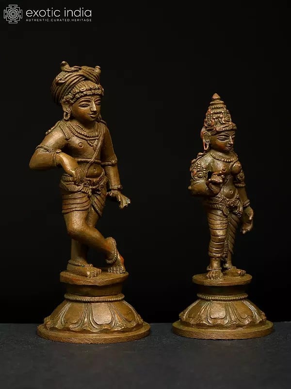 Exotic India 4" Small Vrishavahana Shiva With Parvati | Set Of 2 | Madhuchista Vidhana (Lost-Wax) | Panchaloha Bronze From Swamimalai 