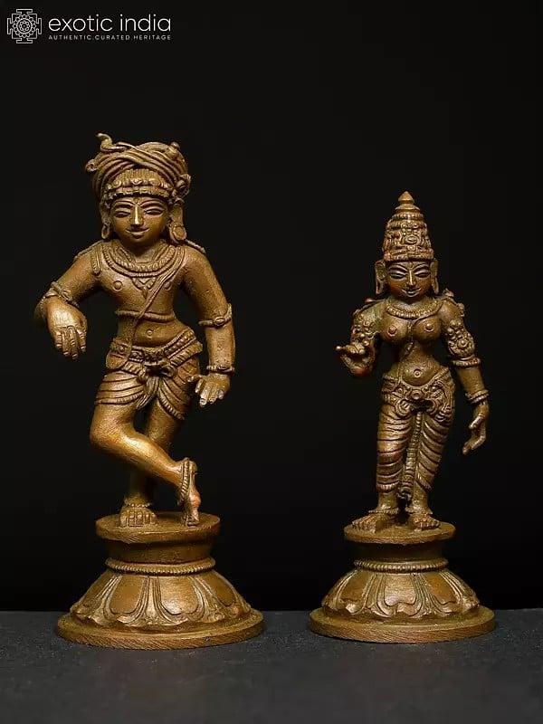 exotic india 4" Small Vrishavahana Shiva with Parvati | Set of 2 | Madhuchista Vidhana (Lost-Wax) | Panchaloha Bronze from Swamimalai 