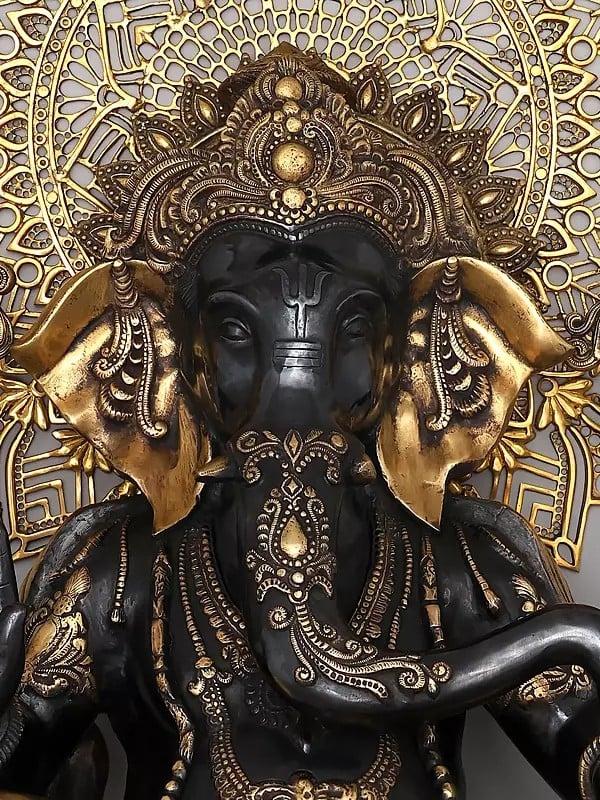 Exotic India 40" Large Chaturbhuja Lord Ganesha In Blessing Gesture With Mandala Backdrop | Brass Statue 