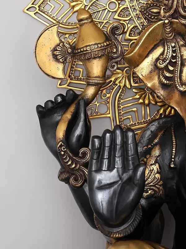 Exotic India 40" Large Chaturbhuja Lord Ganesha In Blessing Gesture With Mandala Backdrop | Brass Statue 