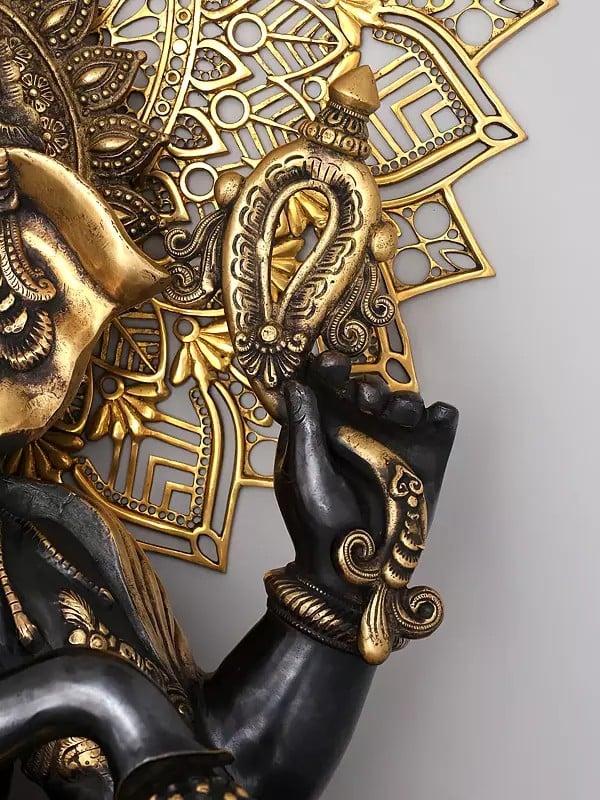 Exotic India 40" Large Chaturbhuja Lord Ganesha In Blessing Gesture With Mandala Backdrop | Brass Statue 