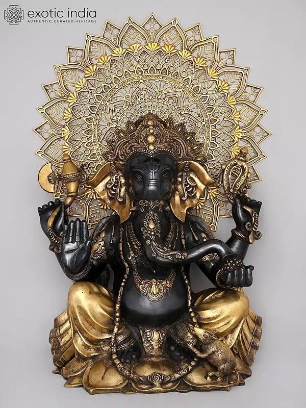exotic india 40" Large Chaturbhuja Lord Ganesha in Blessing Gesture with Mandala Backdrop | Brass Statue 