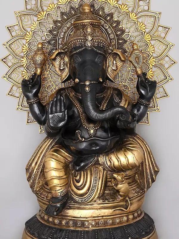 Exotic India 40" Large Four Armed Blessing Lord Ganesha With Mandala Backdrop | Brass Statue 