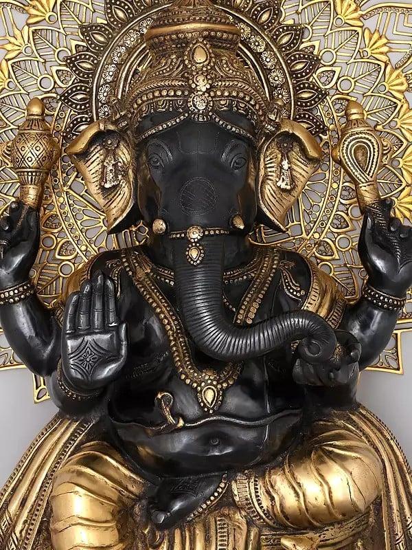 Exotic India 40" Large Four Armed Blessing Lord Ganesha With Mandala Backdrop | Brass Statue 