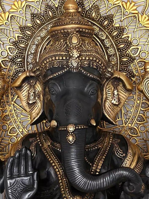 Exotic India 40" Large Four Armed Blessing Lord Ganesha With Mandala Backdrop | Brass Statue 