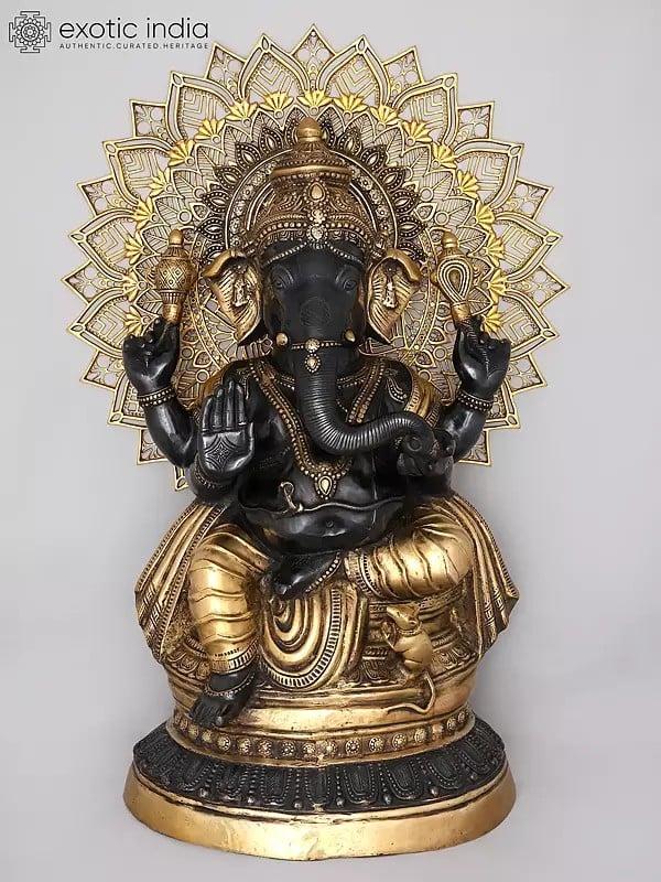 exotic india 40" Large Four Armed Blessing Lord Ganesha with Mandala Backdrop | Brass Statue 