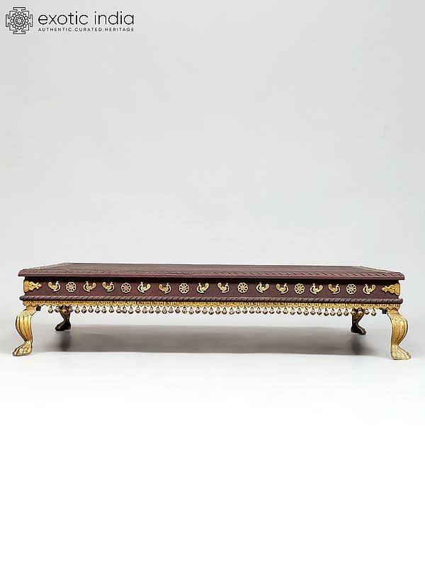 Exotic India 40" Large Size Wood Pedestal (Chowki) With Brass Legs 