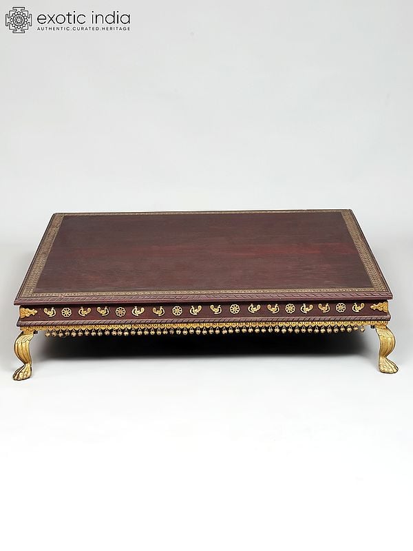 Exotic India 40" Large Size Wood Pedestal (Chowki) With Brass Legs 