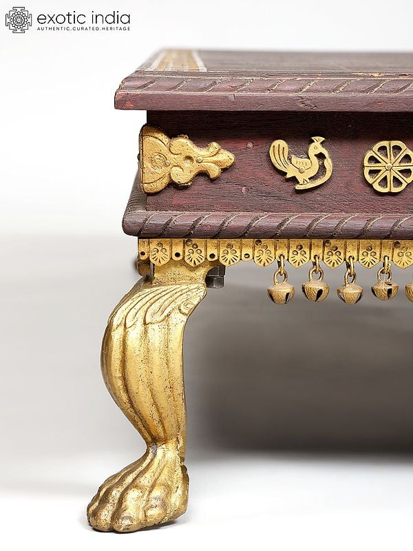 Exotic India 40" Large Size Wood Pedestal (Chowki) With Brass Legs 