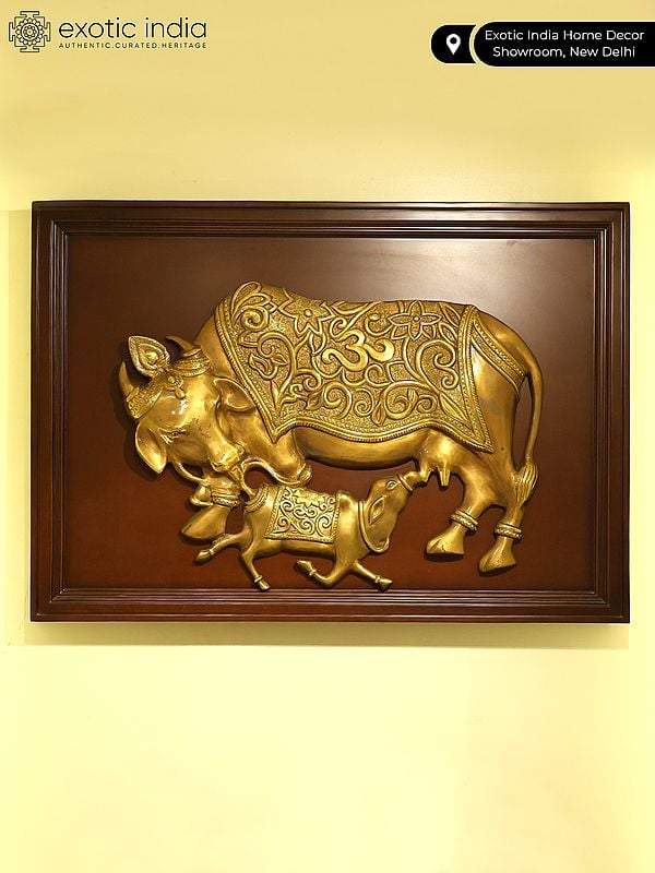 Exotic India 40" Large Wooden Framed Kamadhenu Cow And Calf In Brass | Wall Hanging 