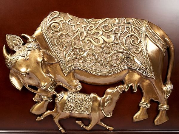 Exotic India 40" Large Wooden Framed Kamadhenu Cow And Calf In Brass | Wall Hanging 