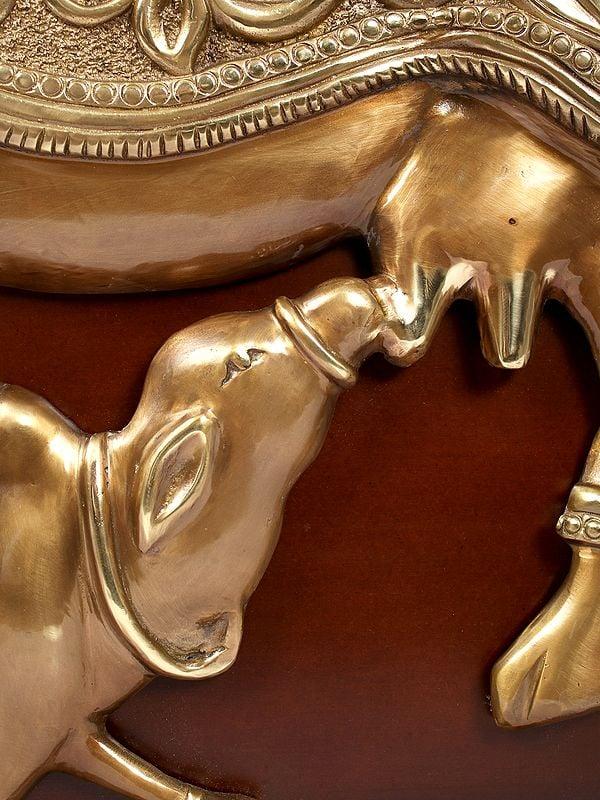 Exotic India 40" Large Wooden Framed Kamadhenu Cow And Calf In Brass | Wall Hanging 