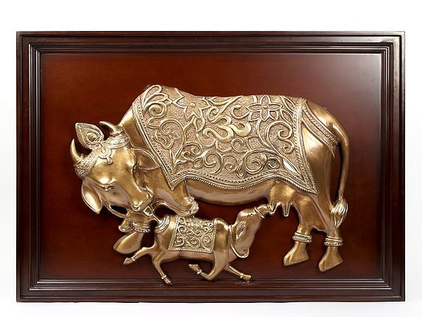 exotic india 40" Large Wooden Framed Kamadhenu Cow and Calf in Brass | Wall Hanging 