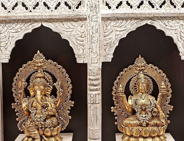 Exotic India 40" Seated Ganesha-Lakshmi Temple In Brass | Handmade | Made In India 