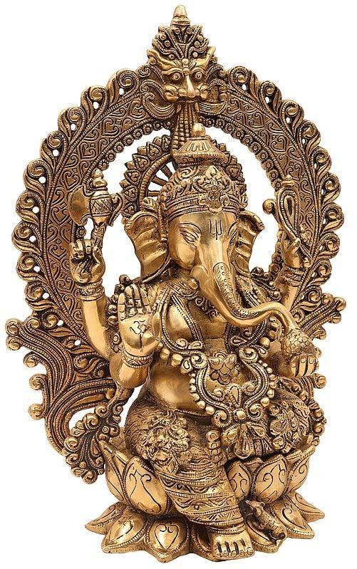 Exotic India 40" Seated Ganesha-Lakshmi Temple In Brass | Handmade | Made In India 