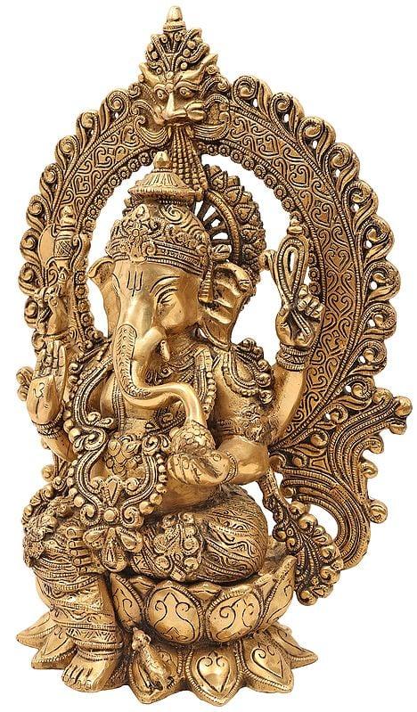 Exotic India 40" Seated Ganesha-Lakshmi Temple In Brass | Handmade | Made In India 