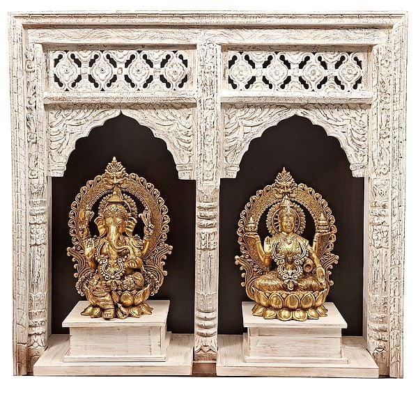 exotic india 40" Seated Ganesha-Lakshmi Temple In Brass | Handmade | Made In India 