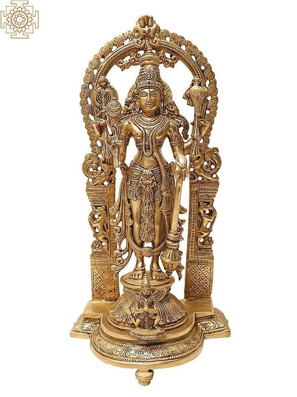 Exotic India 40" Standing Vishnu-Lakshmi Brass Idol With Wooden Wall-Hanging Temple - Handmade Made In India 