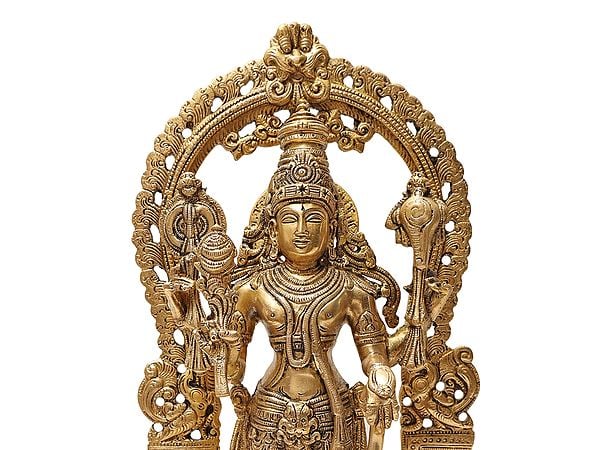 Exotic India 40" Standing Vishnu-Lakshmi Brass Idol With Wooden Wall-Hanging Temple - Handmade Made In India 