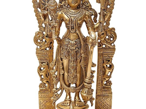 Exotic India 40" Standing Vishnu-Lakshmi Brass Idol With Wooden Wall-Hanging Temple - Handmade Made In India 