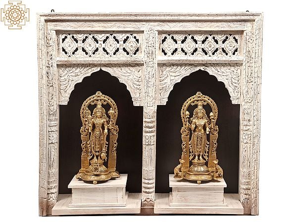 exotic india 40" Standing Vishnu-Lakshmi Brass Idol with Wooden Wall-Hanging Temple - Handmade Made in India