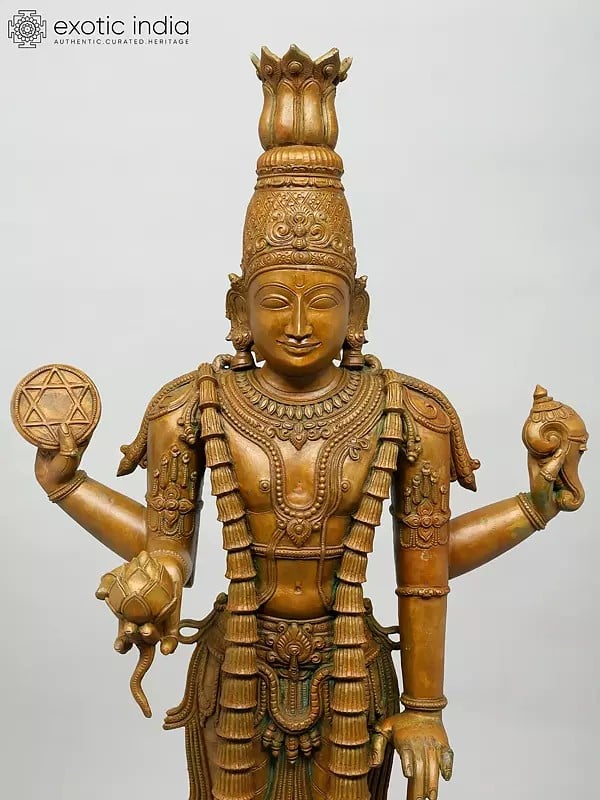 Exotic India 41" Large Four Armed Standing Lord Vishnu | Madhuchista Vidhana (Lost-Wax) | Panchaloha Bronze From Swamimalai 