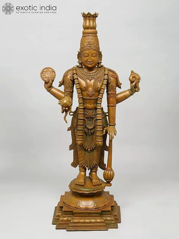 exotic india 41" Large Four Armed Standing Lord Vishnu | Madhuchista Vidhana (Lost-Wax) | Panchaloha Bronze from Swamimalai 